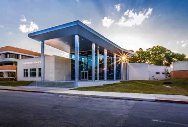 Sun setting behind the Frisch Welcome Center